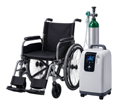 Cadeira de rodas e concentrador de oxigênio para home care